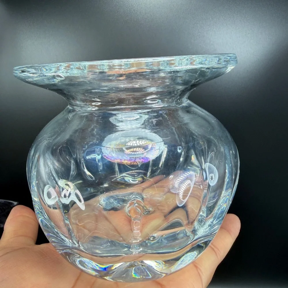 Blenko Clear Optic Glass Rose Bowl Vase Hand Blown Flared Rim Heavy Glass 4 Inch